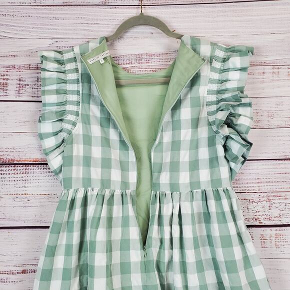 English Factory Cottagecore Dress S GreenWhite Check Ruffle Tiered Peasant - Picture 7 of 14